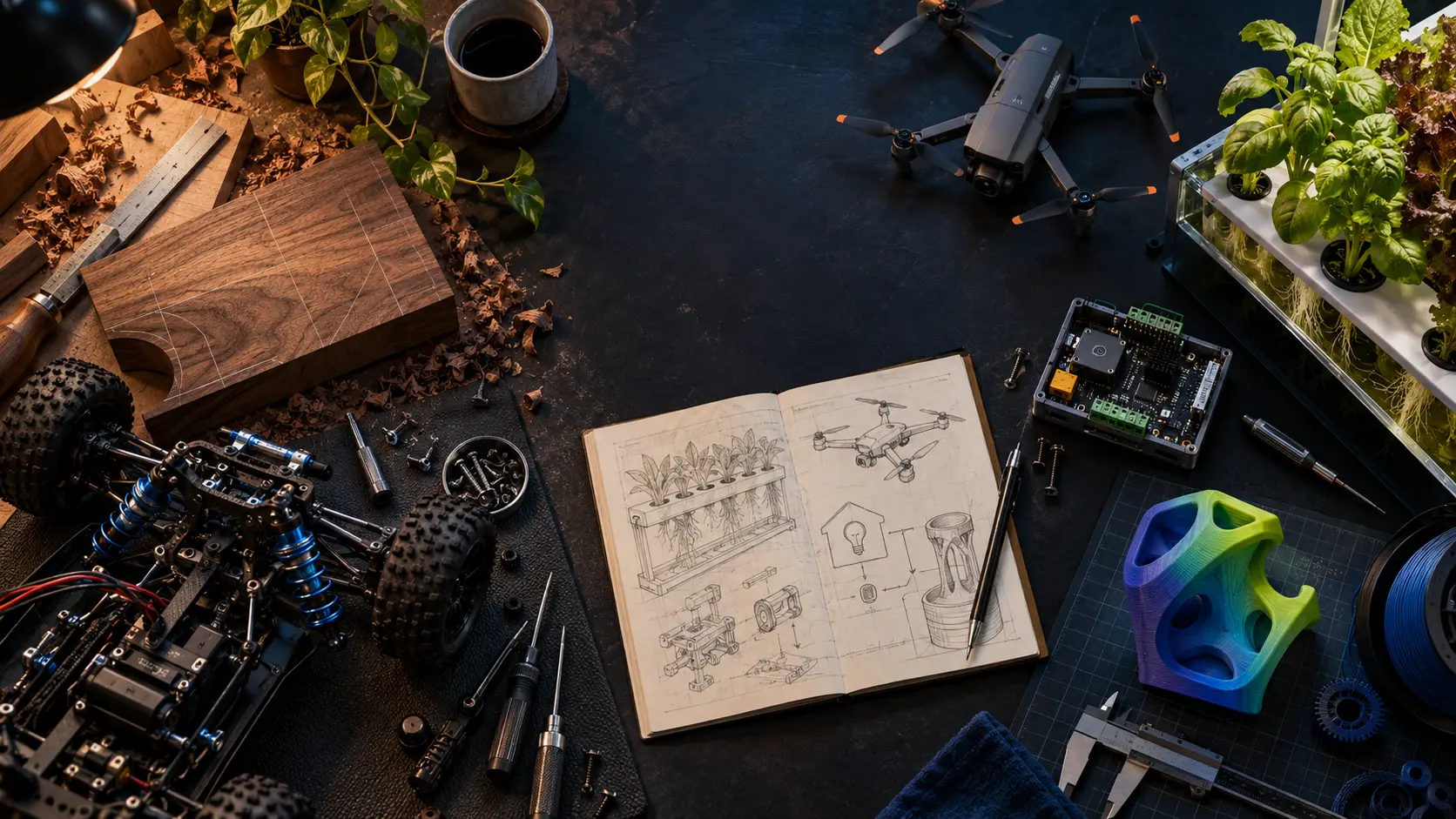 An overhead maker bench with woodworking, RC cars, hydroponics, a drone, electronics and 3D printing