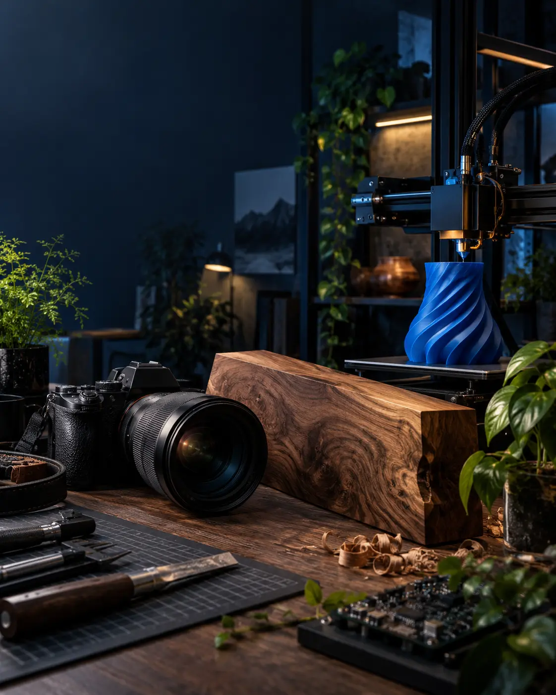Camera, woodworking, plants and a 3D printer in a dramatic workshop